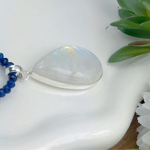 Large Pure Sterling Silver 925 Rainbow Moonstone Pendant Necklace Boho New - Picture 4 of 10